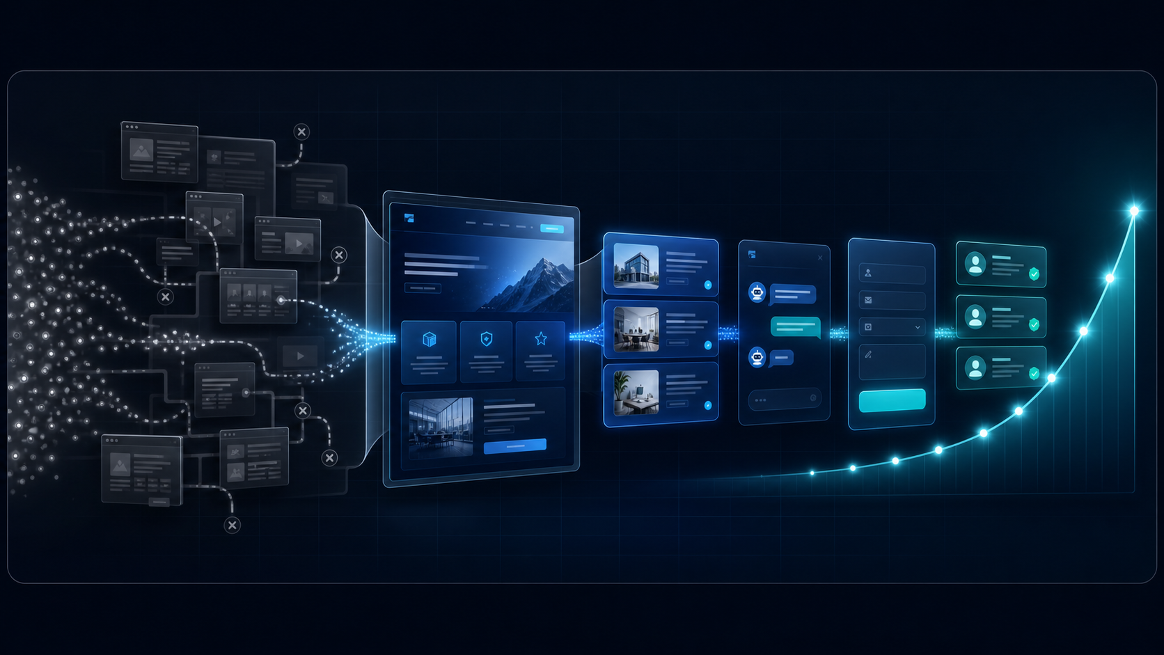 A cluttered website journey becoming a clear route through useful pages, chatbot help, an enquiry form and qualified lead cards.