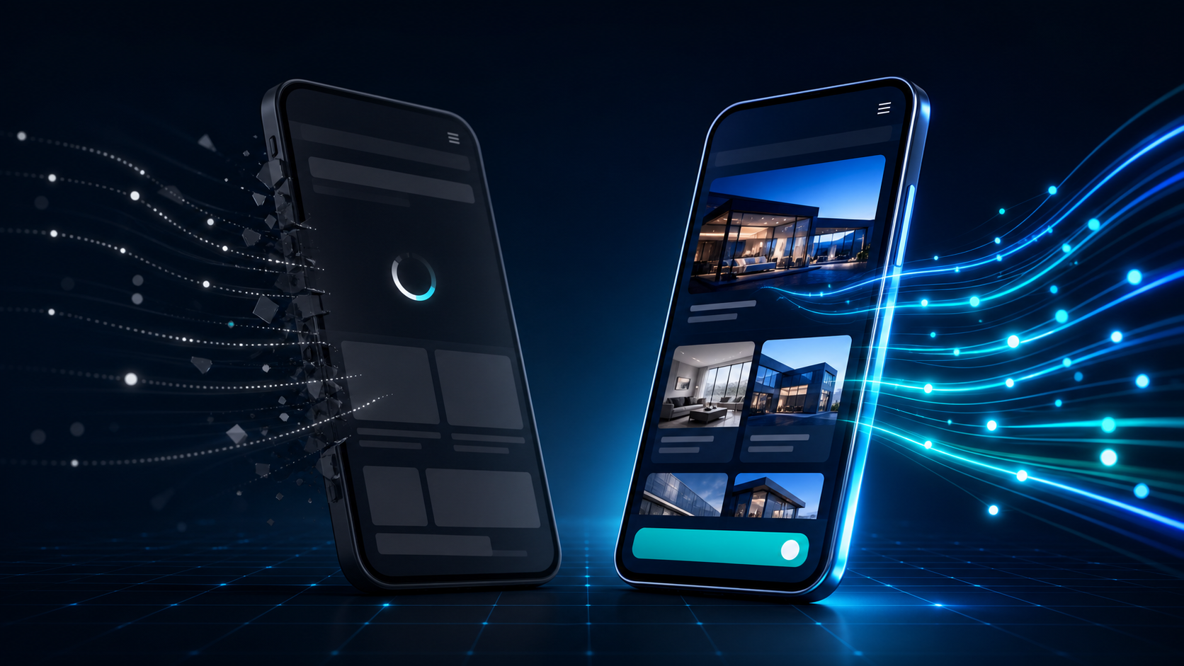 A slow mobile website losing visitor signals beside a fast, complete mobile experience retaining them.