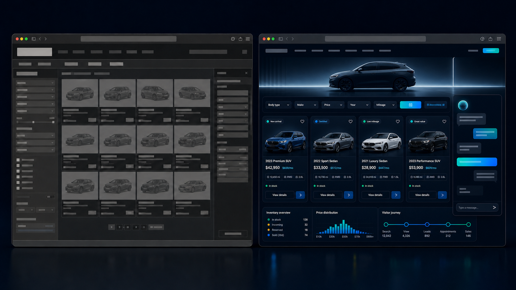 An older cluttered dealership website beside a clearer website showing four detailed vehicle cards, filters, journey analytics and a chatbot on the right.